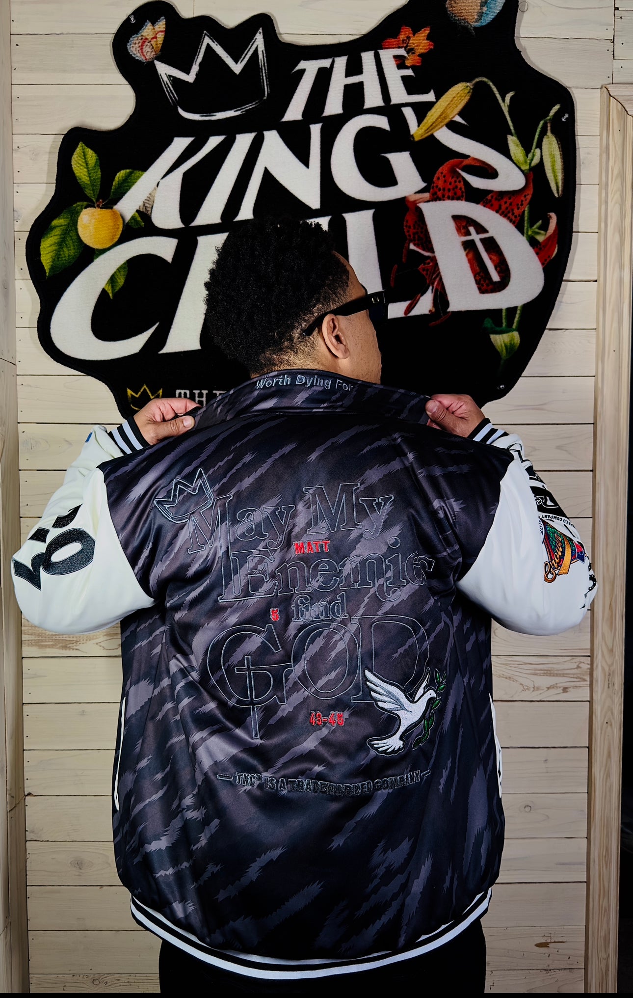 TKC™️ May My Enemies Find GOD Crew Jacket (Black Tiger Stripe Camo)