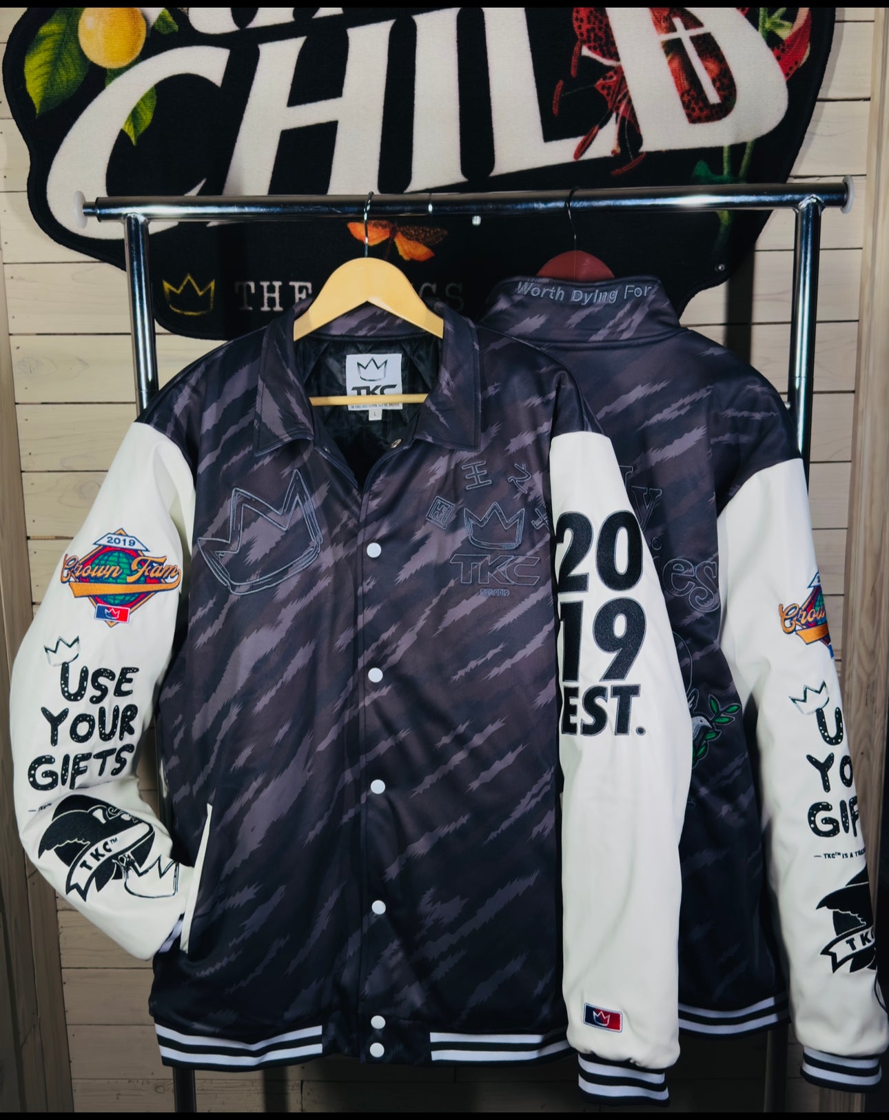 TKC™️ May My Enemies Find GOD Crew Jacket (Black Tiger Stripe Camo)